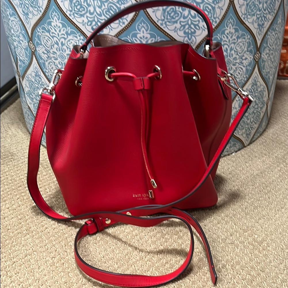 Kate Spade Like New Vibrant Red Leather Bucket Bag With Drawstring Closure
